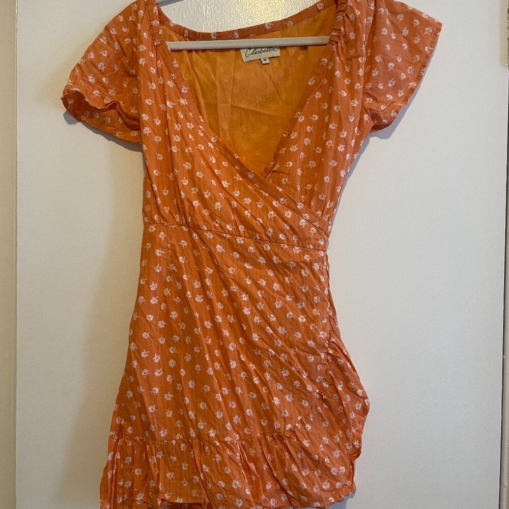 CLEOBELLA Orange Floral Ruffle Wrap Dress